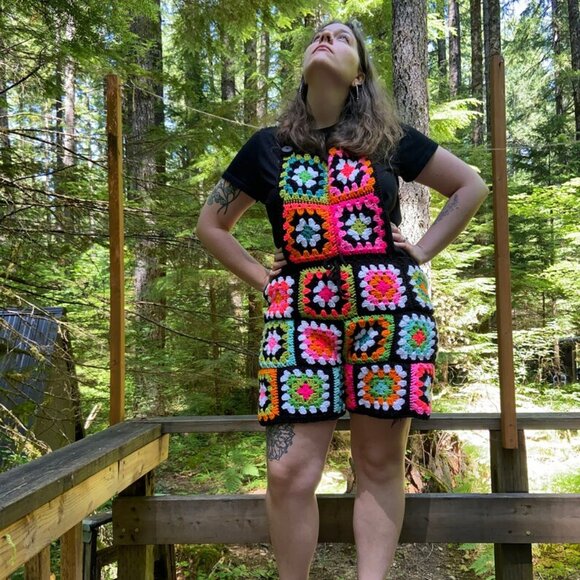 New XL Handmade Crochet Granny Square Overall Shorts - Picture 1 of 6